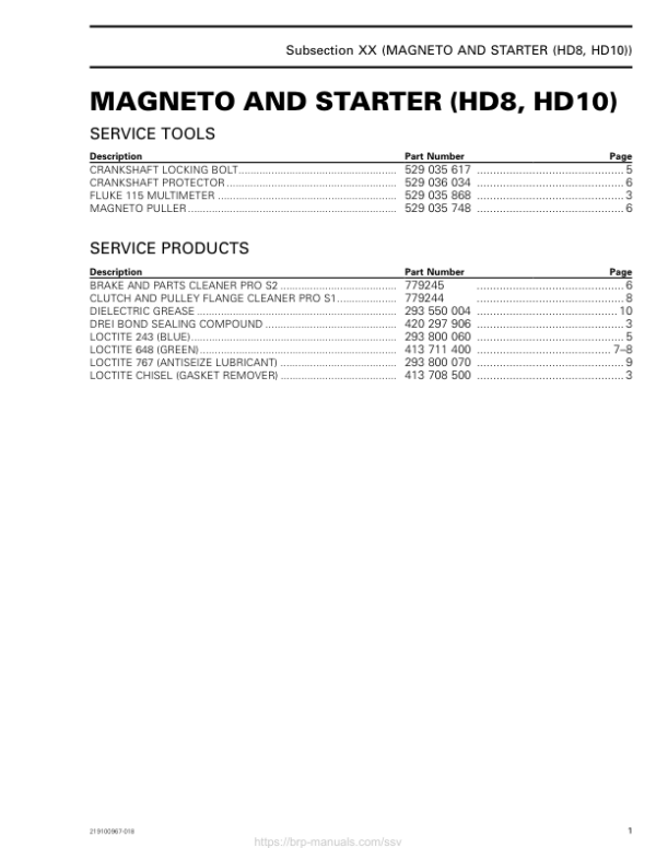 SSV 2019 Magneto and Starter (HD8, HD10) 219100967 018 Manual