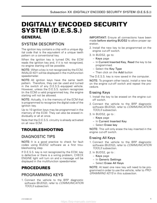 SSV 2019 Digitally Encoded Security System (D.E.S.S.) Commander Shop Supp 219100965 031 Manual