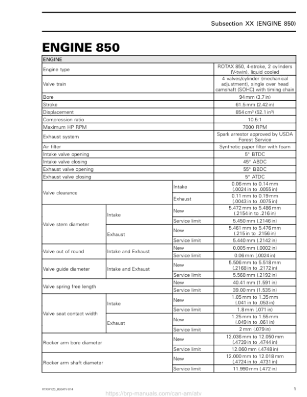 ATV 2020 Technical Specifications Repair RTXMY20 850ATV 014 Manual