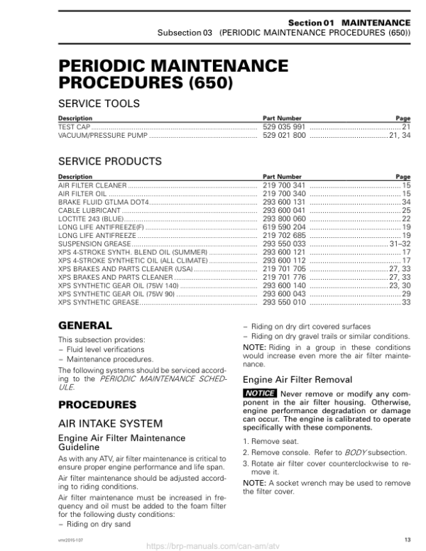 ATV 2015 OUTLANDER 6X6 (Periodic Maintenance Procedures 650) Shop 04cF82AAE SM51Y015S00 vmr2015 107 Manual