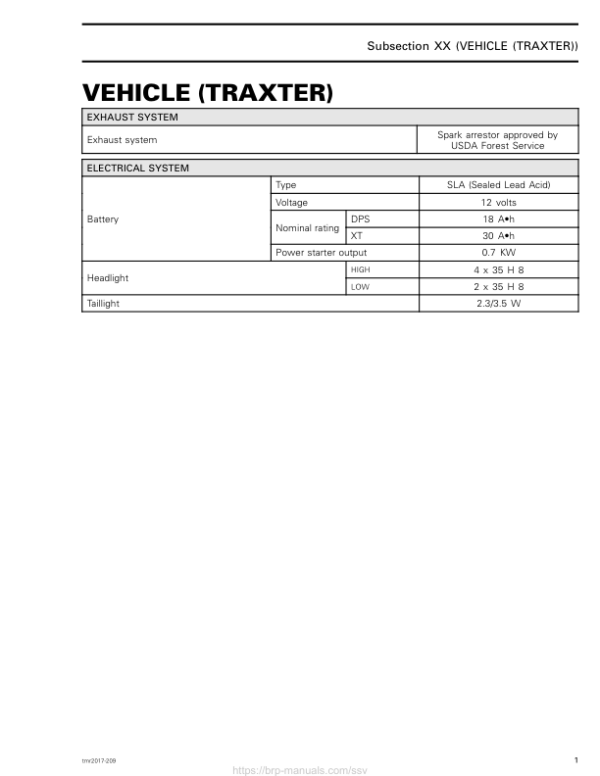 SSV 2018 Specifications Vehicle (Traxter Series) Shop 219100934 011 Manual