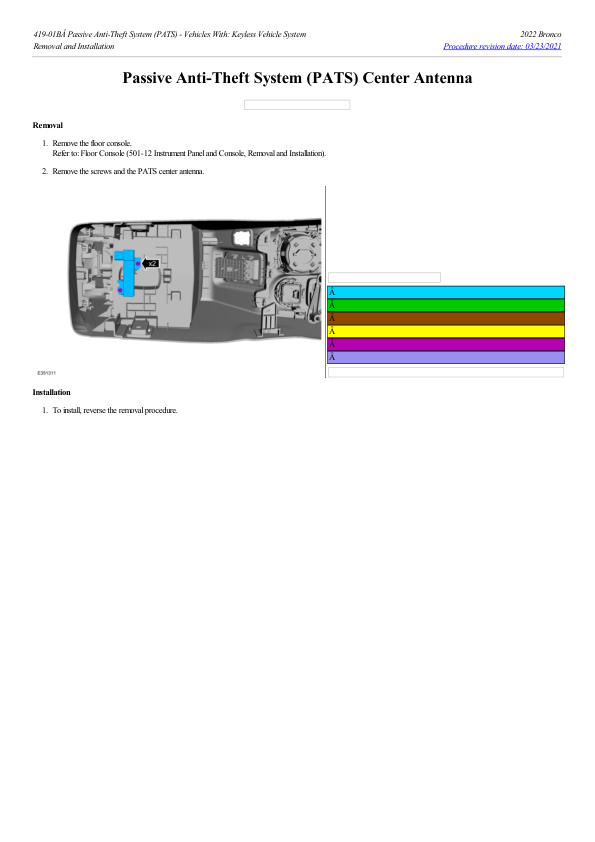 Passive Anti Theft System (PATS) Center Antenna G2219381 Manual