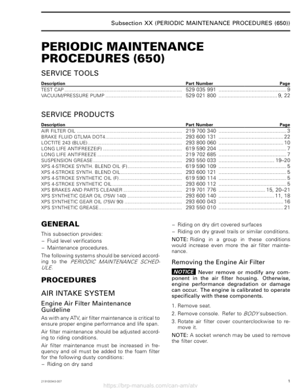 ATV MY18 Periodic Maintenance Procedure (650) 219100885 007 Manual