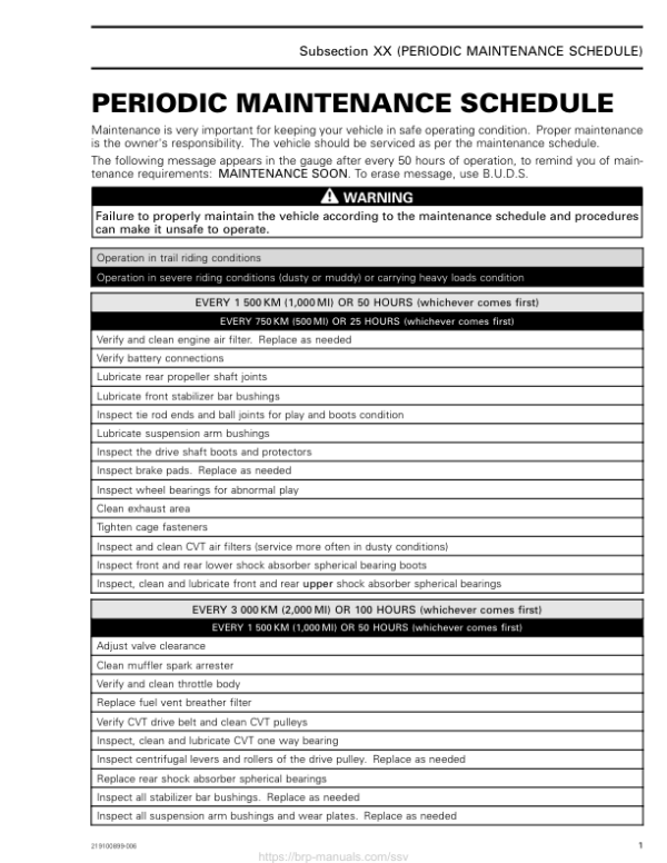 SSV Maintenance Schedule (Commander) Shop Supp. 219100899 006 Manual