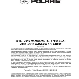 Polaris 2015 2016 Ranger ETX 570 Midsize 570 Crew 9926806 Manual