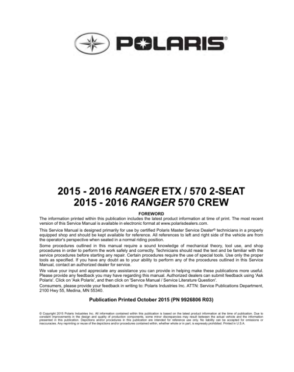 Polaris 2015 2016 Ranger ETX 570 Midsize 570 Crew 9926806 Manual