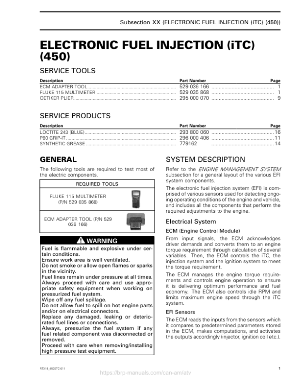 Rotax MY19 Electronic Fuel Injection (EFI) (450 iTC ATV) RTX19 450ETC 011 en Manual