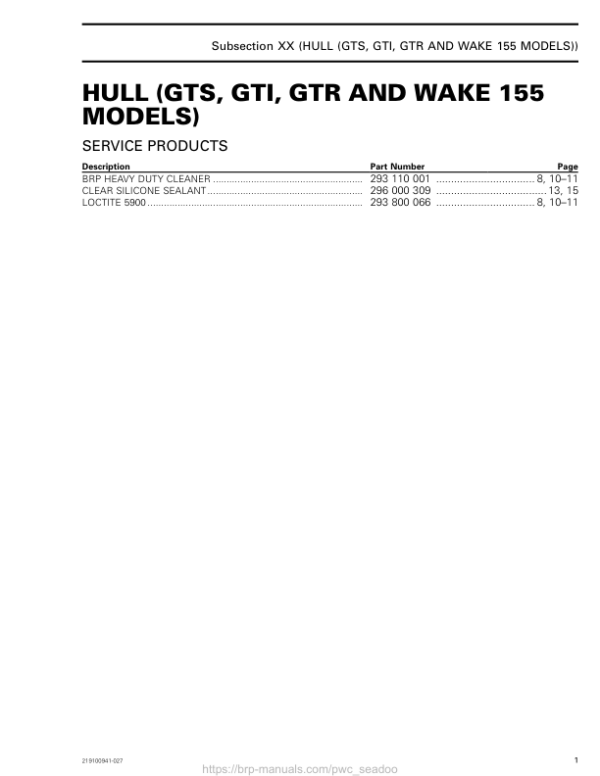 Hull (GTS, GTI, GTR and Wake 155) LINE UP SEA DOO Shop Supp 219100941 027 Manual