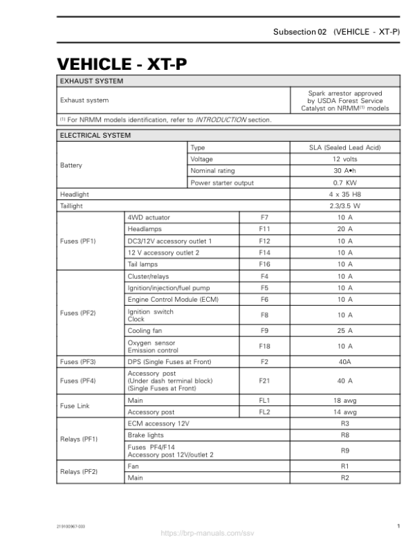 SSV 2019 Technical Specifications Vehicles (XT P) 219100967 033 Manual