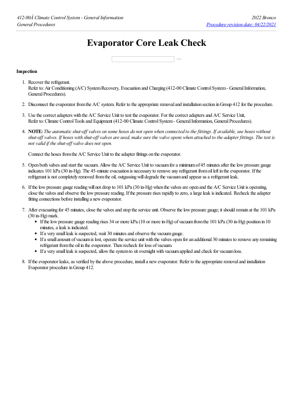 Evaporator Core Leak Check G2229735 Manual