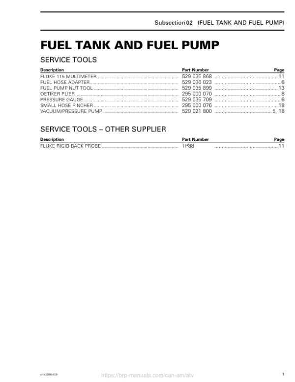 ATV Fuel tank and fuel pump (Renegade, Renegade X mr) Shop vmr2016 409 Manual