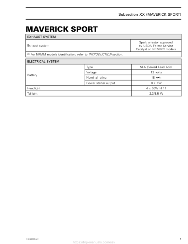 SSV 2019 Technical Specifications Maverick Sport Shop Supp 219100969 022 Manual