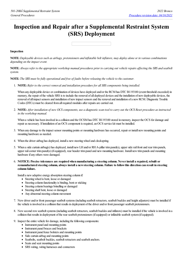 Inspection and Repair after a Supplemental Restraint System (SRS) Deployment G2242603 Manual