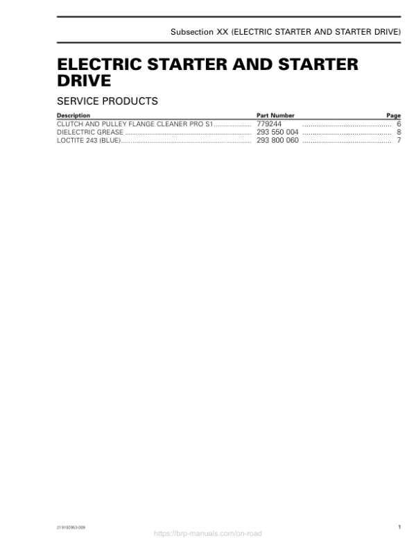 ON ROAD Electric Starter and Starter Drive Shop 219100953 009 Manual