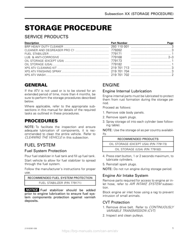 ATV 2019 Storage Procedure Shop Supp 219100991 008 Manual