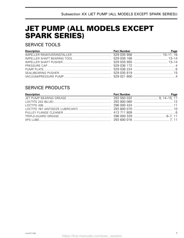 JET PUMP (All Models Except Spark Series) LINE UP SEA DOO Shop Supp 219100941 023 Manual