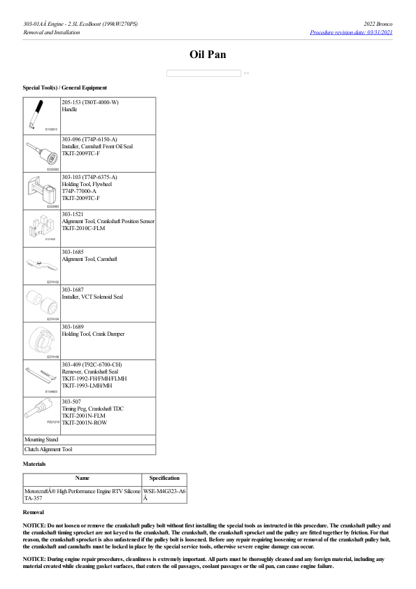 Oil Pan G2186888 Manual