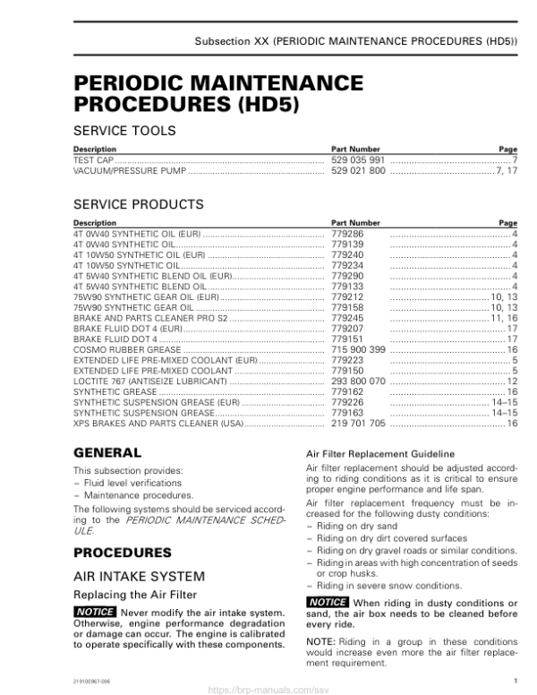 SSV 2019 Maintenance Procedures (HD5) 219100967 006 Manual