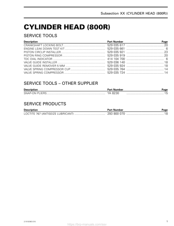 SSV 2019 Cylinder Head (800R) Commander Shop Supp 219100965 016 Manual