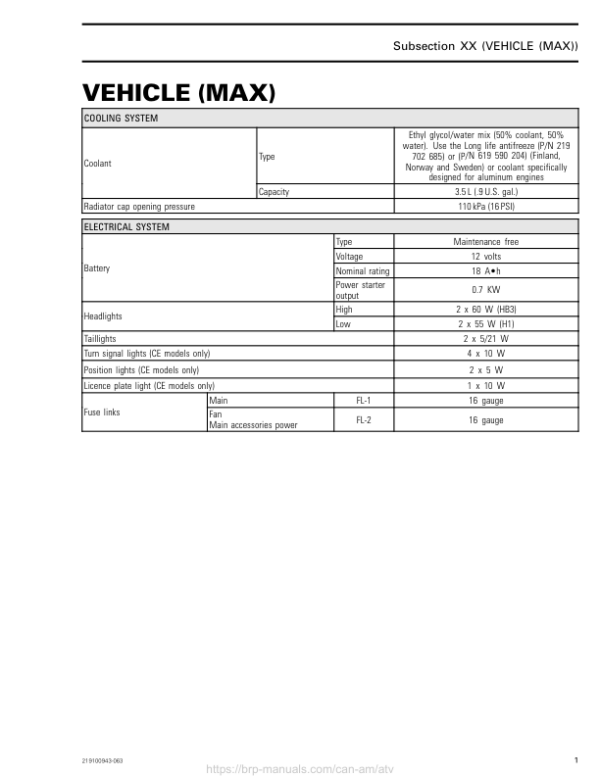 ATV MY18 Technical Specifications Vehicle (MAX) 219100885 063 Manual