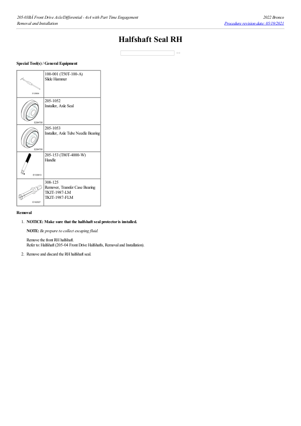 Halfshaft Seal RH G2235869 Manual