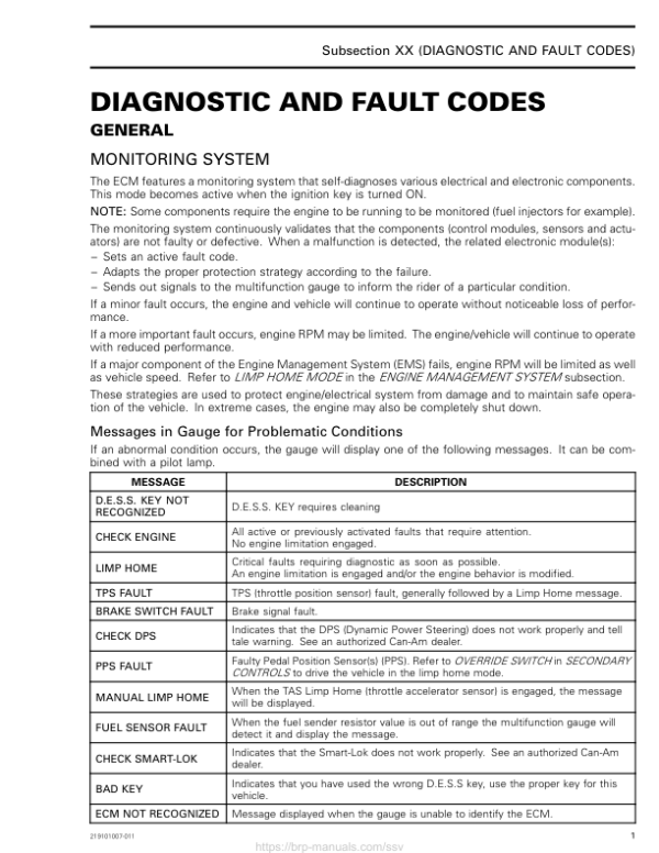 SSV MY20 Diagnostic and Fault Codes (Maverick suppl.) 219101007 011 en Manual