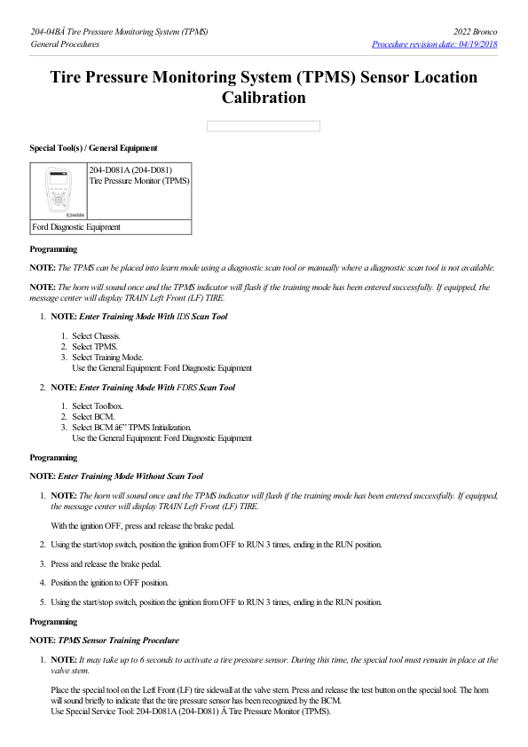 Tire Pressure Monitoring System (TPMS) Sensor Location Calibration G2223134 Manual