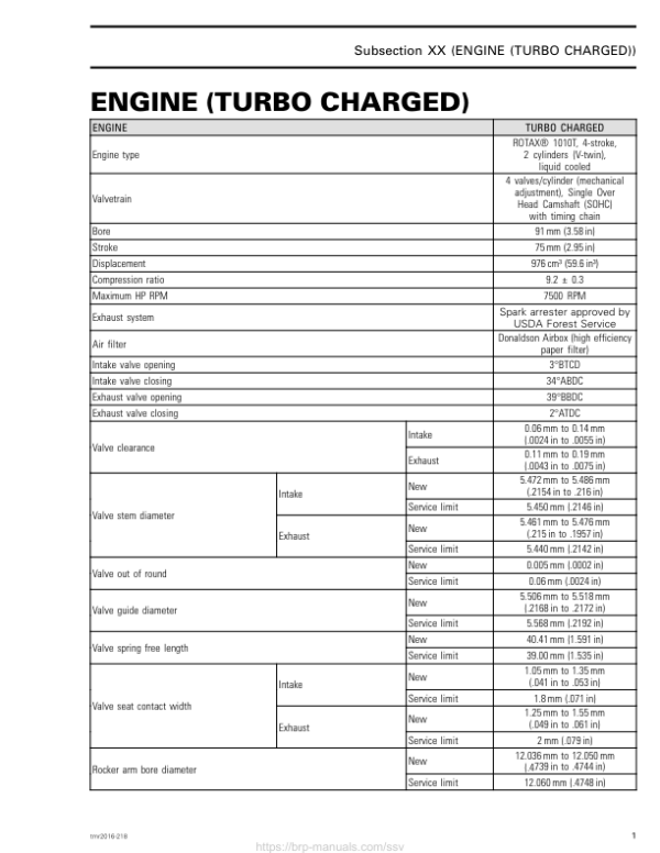 SSV (Maverick) Technical Specifications Engine (Turbo Charged) shop tmr2016 218 Manual