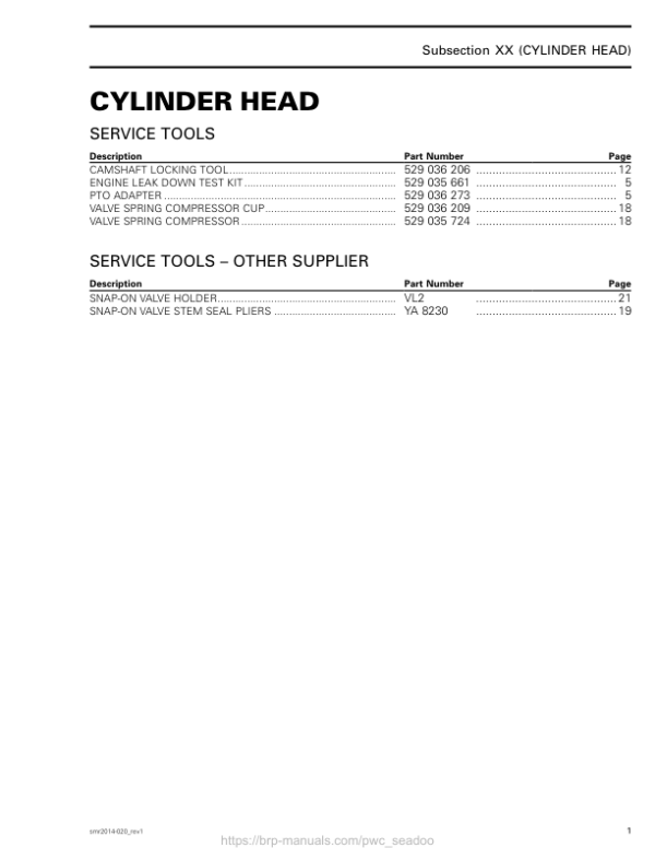 PWC Cylinder Head (Spark) Shop smr2014 020 en.smr2014 020 rev1 Manual