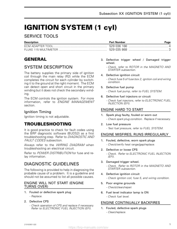 SSV Ignition System (1 cyl) (Defender) Shop supp. 219100901 020 Manual