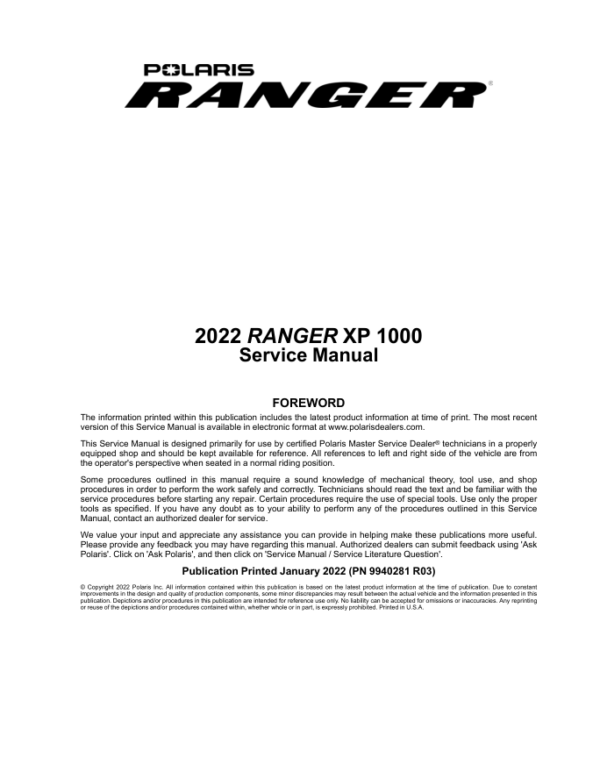 2022 polaris ranger xp 1000 side x sides Manual