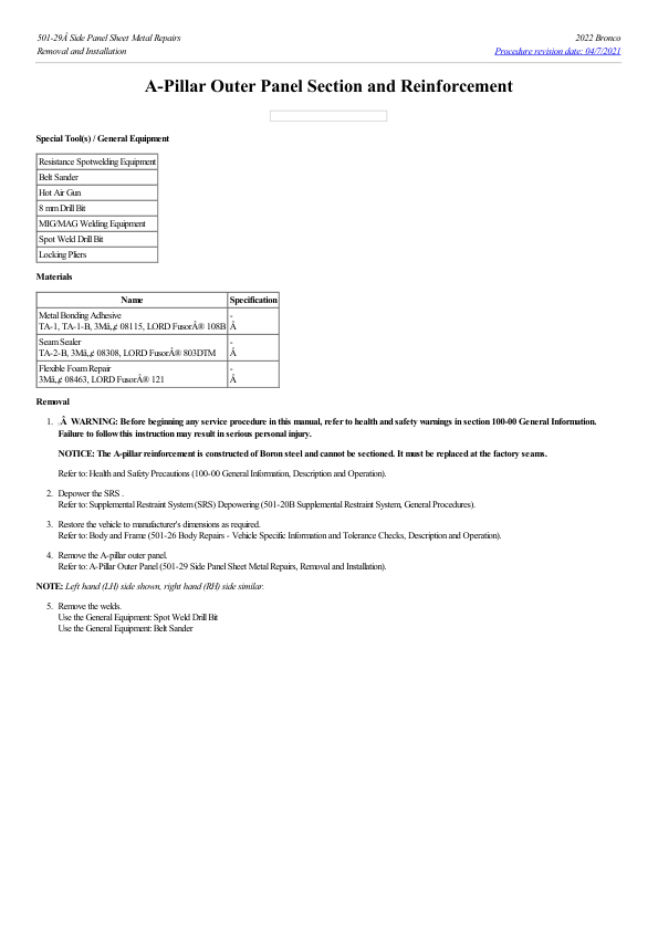 A Pillar Outer Panel Section and Reinforcement G2230183 Manual