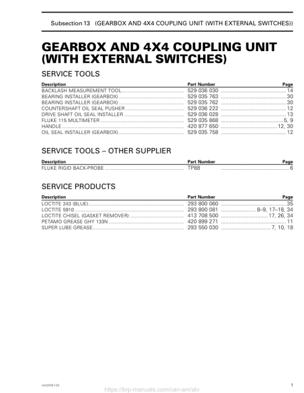 ATV Gearbox with External Switches (Outlander) Shop supplement vmr2016 123 Manual