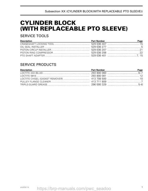 Cylinder block with PTO sleeve Manual