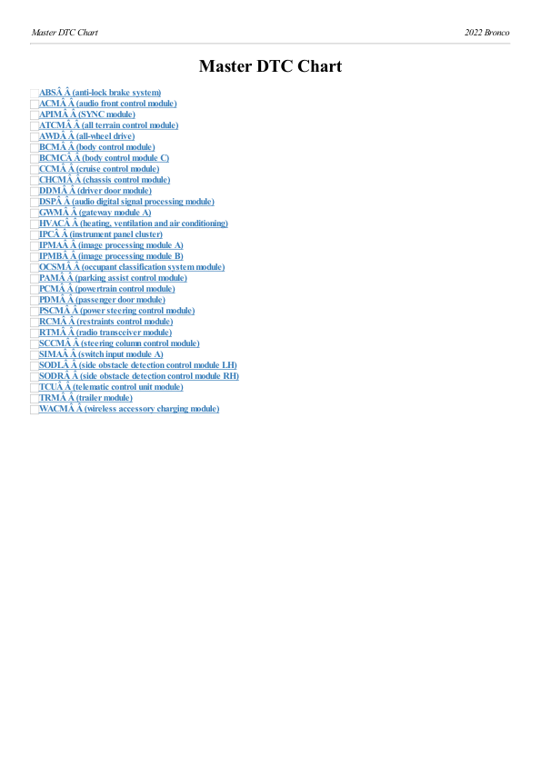 Master DTC Chart (All Inclusive) S9207masterdtcindex Manual