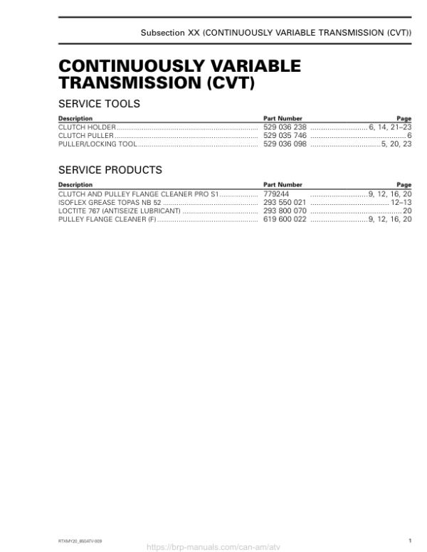 ATV 2020 Continuously Variable Transmission Repair RTXMY20 850ATV 009 Manual