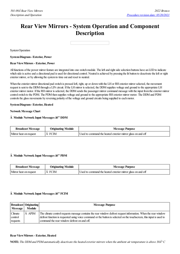 Rear View Mirrors System Operation and Component Description G2222656 Manual