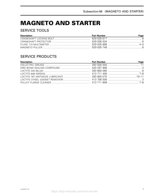 ATV Magneto and Starter (Outlander) Shop supplement vmr2016 116 Manual