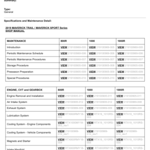 SSV 2019 MAVERICK TRAIL MAVERICK SPORT (Table of Contents) 134887 SM91Y019 Manual