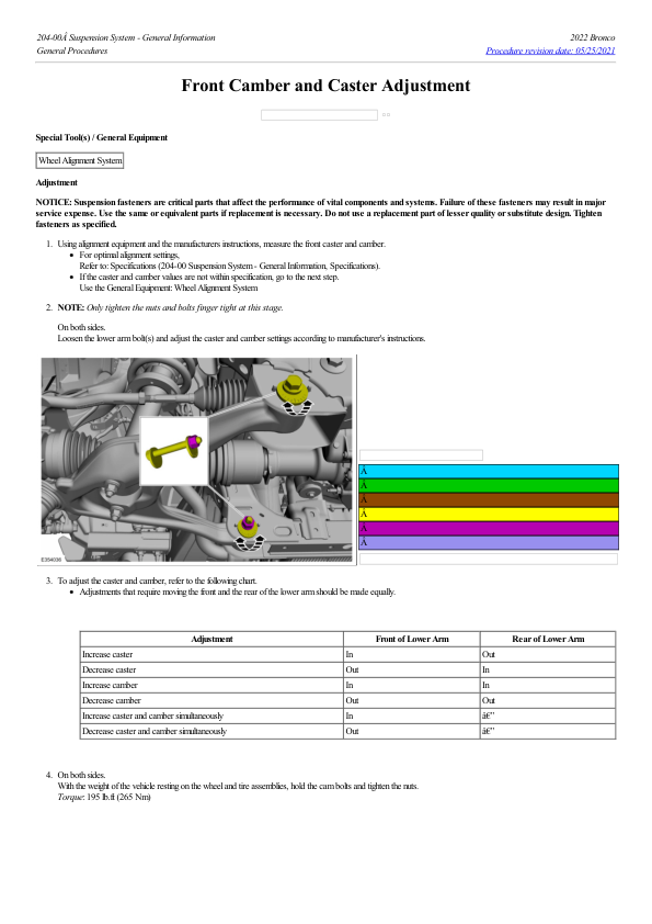 Front Camber and Caster Adjustment G2222934 Manual