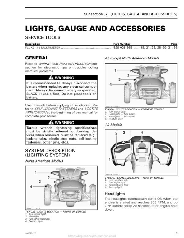 Road Lights, gauge and accessories (T and Limited) Shop rmr2016 117 Manual