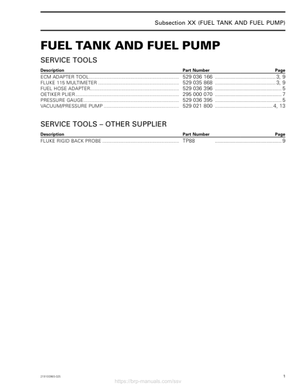 SSV 2019 Fuel Tank and Fuel Pump Commander Shop Supp 219100965 025 Manual