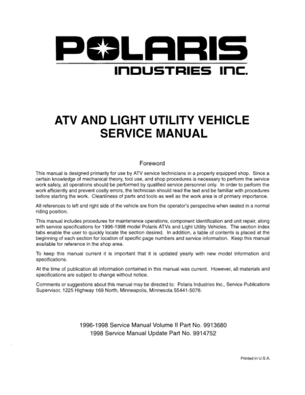 Polaris ATV 1996 1998 All Models Manual