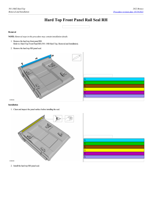 Hard Top Front Panel Rail Seal RH G2238352 Manual