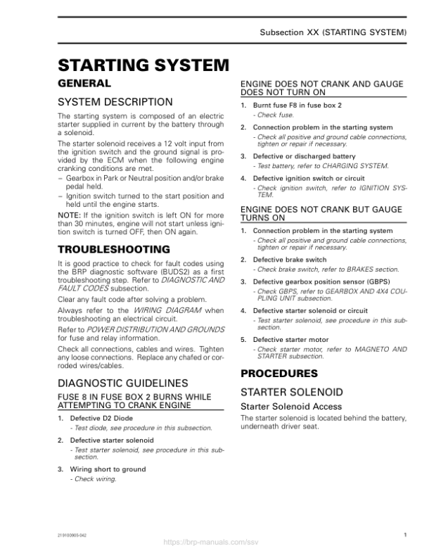 SSV 2018 Starting (MAVERICK TRAIL) Shop 219100905 042 Manual