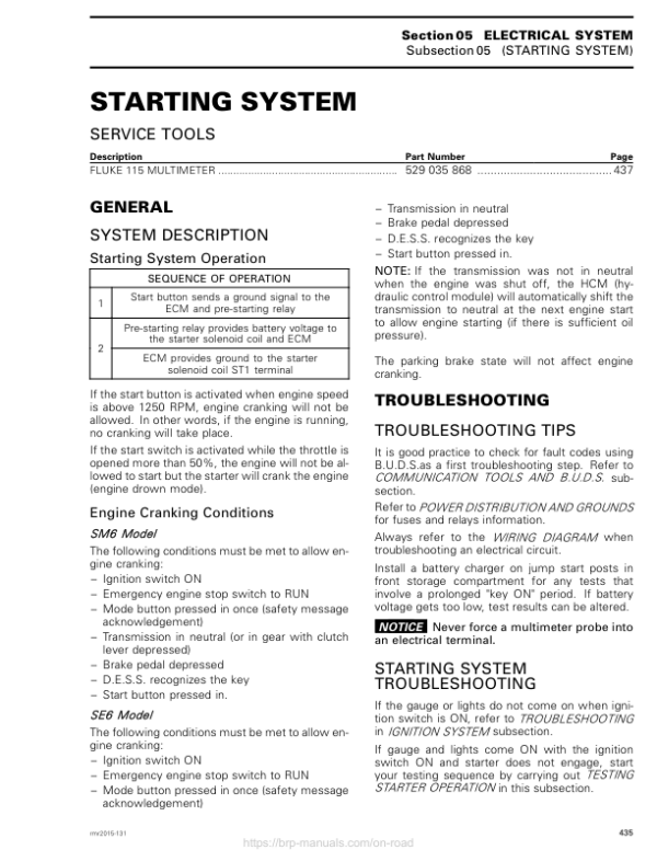 ROADSTER Starting System (F3) Shop SM61Y015S10 rmr2015 131 Manual