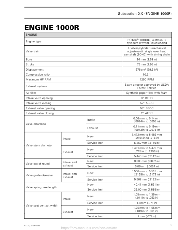 Rotax MY19 (1010HO ATV) Technical Specifications Engine RTX19 1010HO 005 en Manual