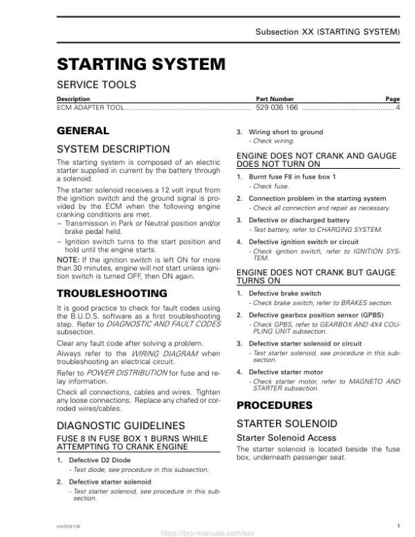 SSV Starting System (Traxter) Shop tmr2016 134 Manual