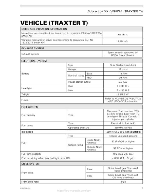 SSV 2018 Specifications Vehicle (Traxter T Series) Shop 219100934 010 Manual