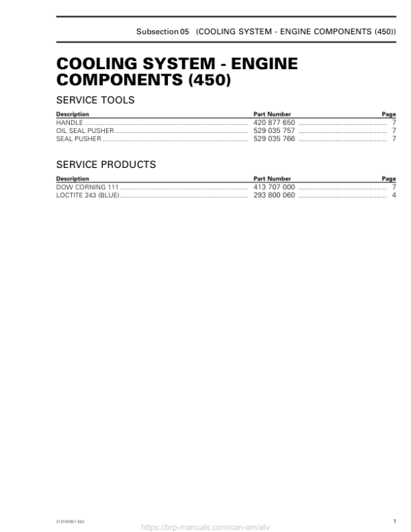 ATV 2019 Cooling System Engine Components (450) Outlander Shop Supp 219100951 042 Manual